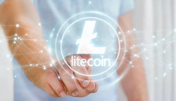 Empresario usando litecoins cryptocurrency 3D rendering — Foto de Stock