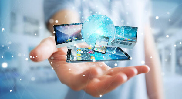 Бизнесмен, соединяющий технологические устройства и иконки 3D re
