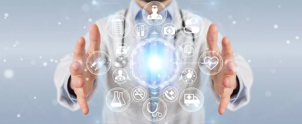 Doctor utilizando la interfaz futurista médica digital 3D renderizado —  Fotos de Stock