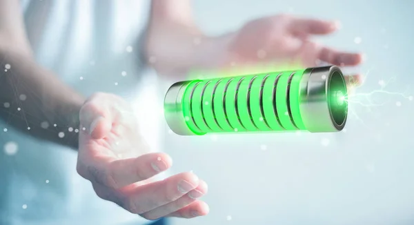 Empresário usando bateria verde com relâmpagos 3D renderização — Fotografia de Stock