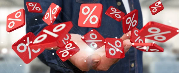 Affärsman holding försäljning ikoner i hans hand 3d rendering — Stockfoto