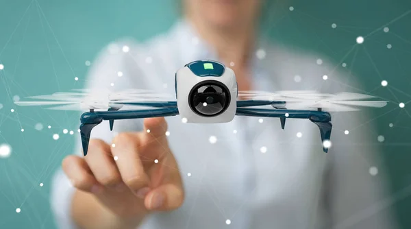 Podnikatelka, používající moderní DRONY 3d vykreslování — Stock fotografie