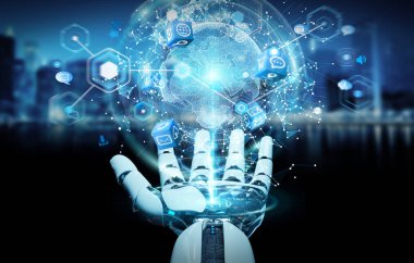 Dijital ekran arabirimi 3d işlemesini kullanan beyaz robot el