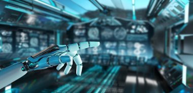 Beyaz cyborg onun parmak 3d render işaret