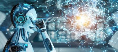 Beyaz adam insanımsı dijital dünya hud arabirimi 3d renderin kullanarak