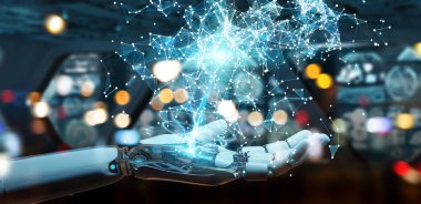 Dijital dünya hud arabirimi 3d renderi kullanarak beyaz insansı ele