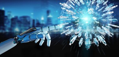 Beyaz robot el insanlar 3d render bağlanmak için dijital dünya kullanma