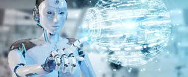 Beyaz kadın robot dijital dünya hud arabirimi 3d işleme kullanarak