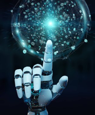 Dijital küresel ağ 3B oluşturmayı kullanarak beyaz insansı ele