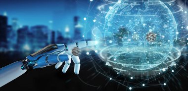 Planet Earth arabirimi 3d rendering kullanarak beyaz cyborg ele