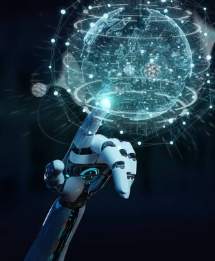 Planet Earth arabirimi 3d rendering kullanarak beyaz cyborg ele