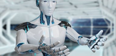 Onun iki açılış beyaz erkek robot uzay arka plan 3d render eller