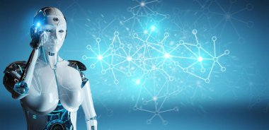 Beyaz kadın cyborg dijital ağ bağlantısı 3d işleme kullanarak