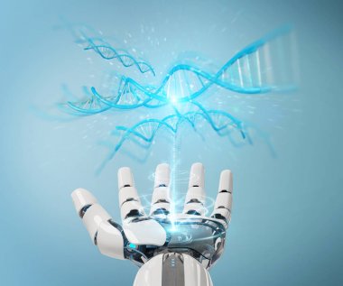 İnsan DNA'sı 3d render tarama beyaz cyborg el