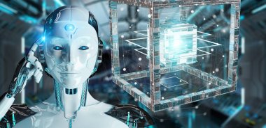 Beyaz robot geleceğin teknolojisi yapısı 3d render oluşturma