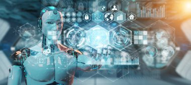 Dijital veriler arabirimi 3d rendering kullanarak beyaz erkek cyborg