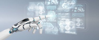 Dijital veriler arabirimi 3d rendering kullanarak beyaz cyborg ele