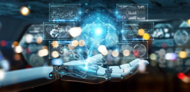 Dijital veriler arabirimi 3d rendering kullanarak beyaz cyborg ele