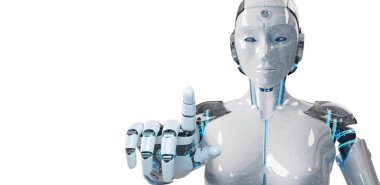 Beyaz kadın cyborg işaret parmağını 3d render
