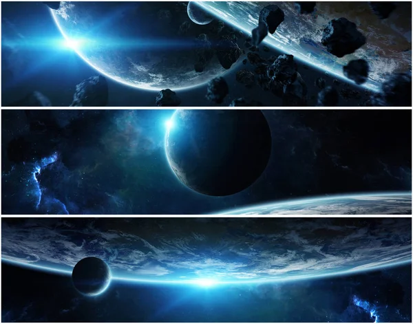 Panorama do sistema de planetas distantes no espaço elementos de renderização 3D — Fotografia de Stock