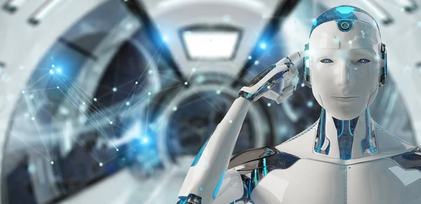 Hvit mann robot bruker digital nettverkstilkobling 3D gjengivelse – stockfoto