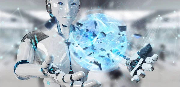 Белая женщина-робот создаёт энергетический шар 3D рендеринга — стоковое фото