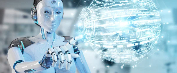 Beyaz kadın robot dijital dünya hud arabirimi 3d işleme kullanarak