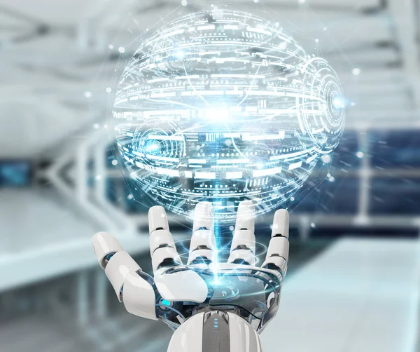 Tangan robot putih menggunakan globe digital hud interface 3D rendering — Stok Foto