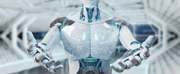 Hombre blanco cyborg usando planeta Tierra interfaz 3D renderizado — Foto de Stock