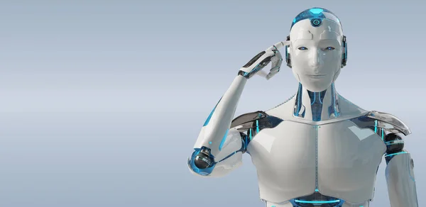 Λευκό αρσενικό cyborg σκέψης και αγγίζει το κεφάλι του 3d rendering — Φωτογραφία Αρχείου
