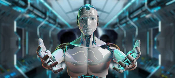 Bílý muž cyborg otevření jeho dvě ruce 3d vykreslování — Stock fotografie