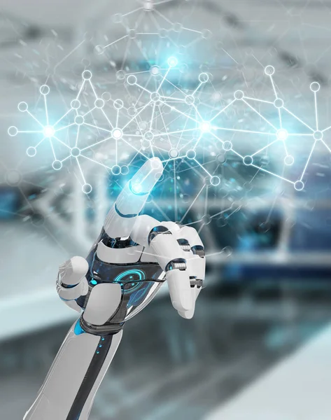 Mano cyborg blanca usando conexión de red digital renderizado 3D — Foto de Stock