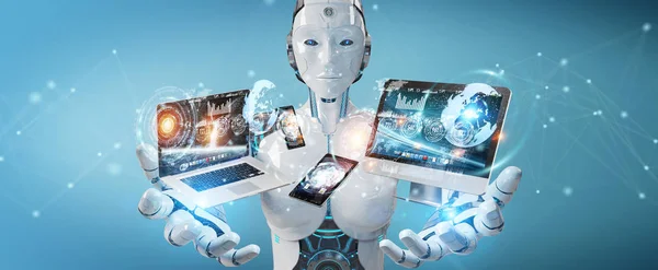 White cyborg connecting devices together 3D rendering — Stock Photo, Image