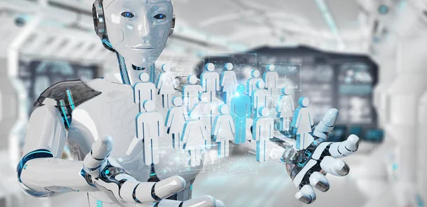 White cyborg controlling group of people 3D rendering