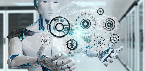 White humanoid robot using digital gears 3D rendering — Stock Photo, Image