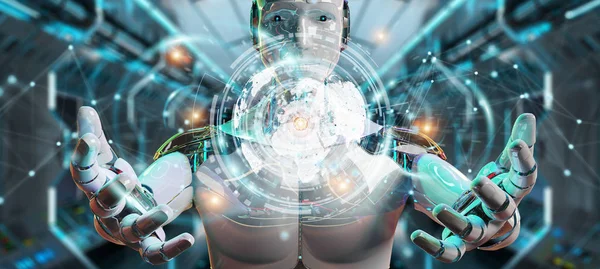 Cyborg masculino blanco usando la representación 3D de la interfaz de los datos digitales — Foto de Stock