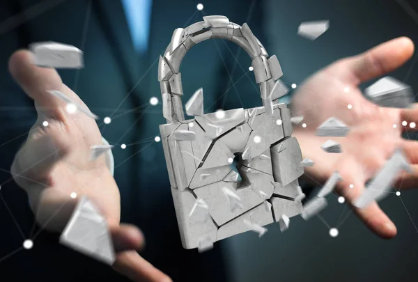 Uomo d'affari hacking in rotto lucchetto di sicurezza 3D rendering — Foto Stock