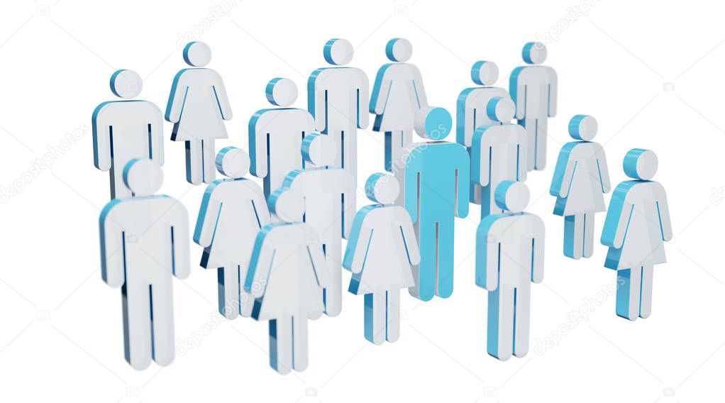 3D rendering group of people with blue man in middle