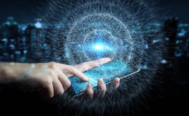 Dijital ağ bağlantısı küre 3B oluşturmayı kullanarak iş adamı