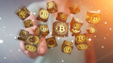 Bitcoins cryptocurrency 3d rendering kullanarak iş kadını