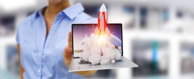 Bir laptop 3d render roket başlatılması ile iş kadını