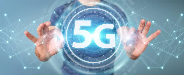 Бизнесмен с использованием сетевого интерфейса 5G 3D рендеринг — стоковое фото