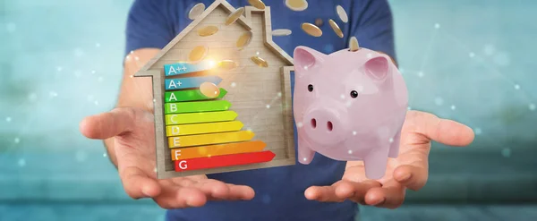 Empresario ahorrando dinero con una buena calificación de gráfico de energía 3D render — Foto de Stock