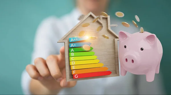 Zakenvrouw geld besparen met goede energie grafiek rating 3D-rend — Stockfoto