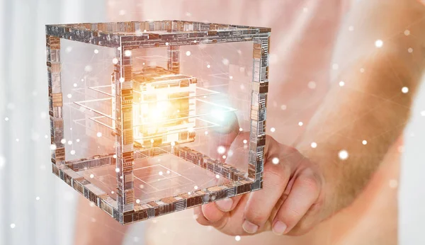 Empresario usando futurista cubo texturizado objeto 3D renderizado — Foto de Stock