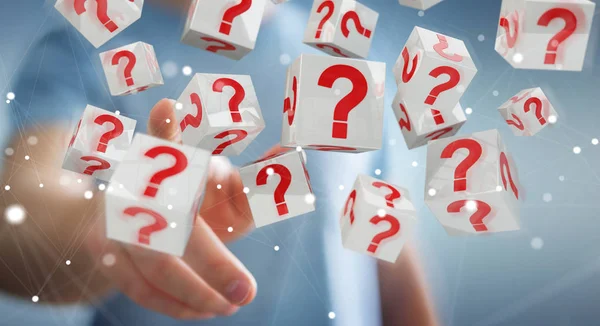 Businessman using cubes with 3D rendering question marks — Stock Photo, Image