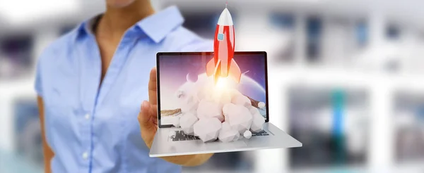 Empresária com lançamento de foguetes a partir de um laptop 3D renderização — Fotografia de Stock