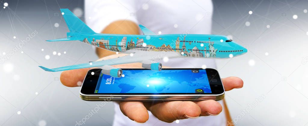 Businessman with plane and famous landmarks of the world 3D rend