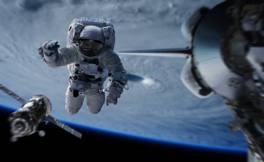 Astronot bir uzay istasyonu 3d işleme öğeleri inci üzerinde çalışma