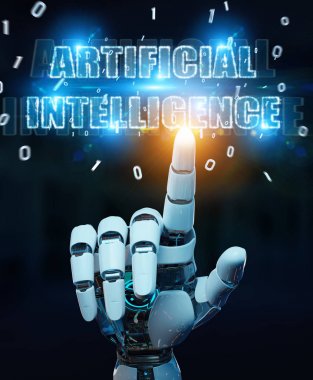 Dijital yapay zeka metin hol kullanarak beyaz cyborg ele